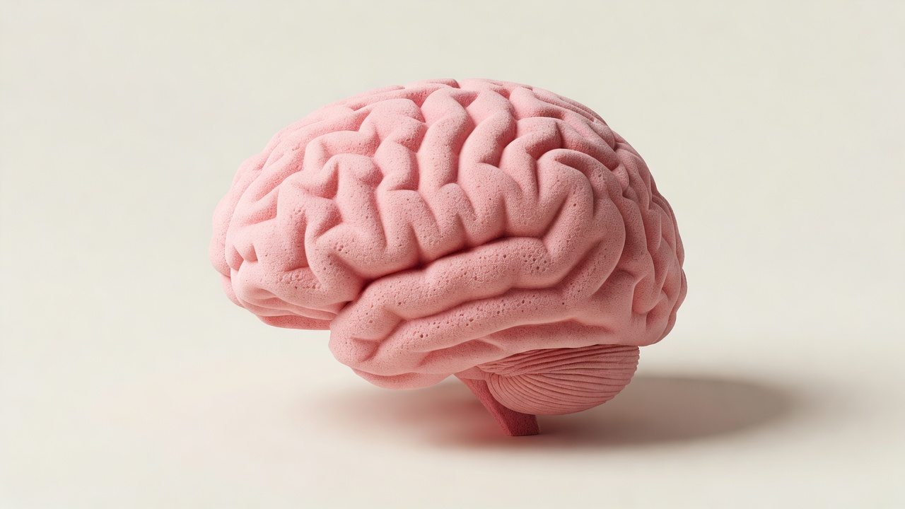 3D render of a pink sponge shaped like a human brain on a plain cream surface