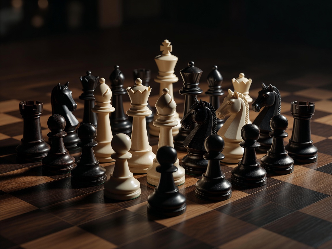 3D render of chess pieces in a huddle