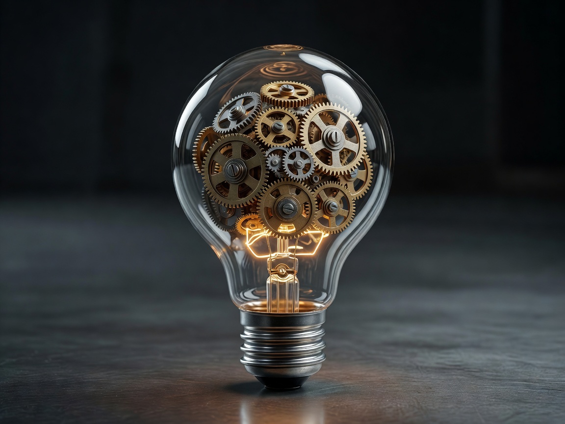 3D render of a glowing lightbulb containing interlocking brass and olive gears