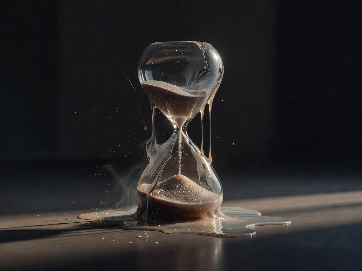 3D render of a glass hourglass softening and melting at the edges on a plain background